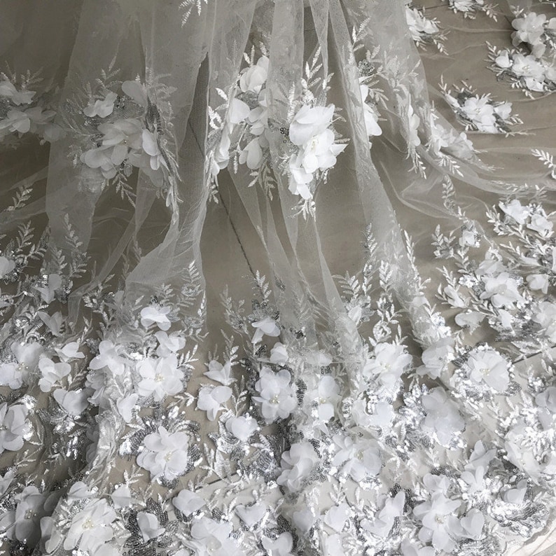 Pear Beaded Blossom Fabric PinkOff White 3D Chiffon Flower Lace Fabric Sequined Embroidered Wedding Fabric 49 Wide 1 Yard