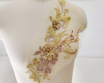 Bordado de encaje de flores dorado en 3D para coser, motivo de apliques de parche, apliques de lentejuelas de diamantes de imitación en malla