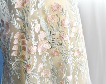 Colorful branch&floral embroidered lace fabric on mesh for wedding, party decoration, flower girl dress making sell by the yard