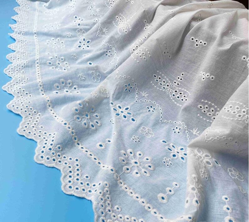 Cotton Lace Fabric Eyelet Flower Design Both Scalloped Borders Off White Color 55 Width 1 Yard image 1