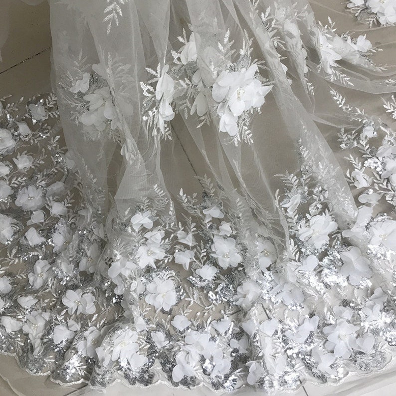 Pear Beaded Blossom Fabric PinkOff White 3D Chiffon Flower Lace Fabric Sequined Embroidered Wedding Fabric 49 Wide 1 Yard