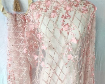 Tela de encaje rosa con bordado de flores en 3D, tul geométrico con perlas, tela de encaje floral para vestido de novia, cortada a medida.