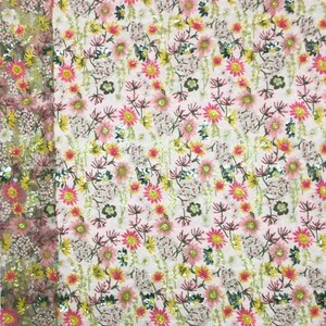 May include: Pink, yellow, and green floral embroidered fabric with sequins. The fabric has a mesh backing.