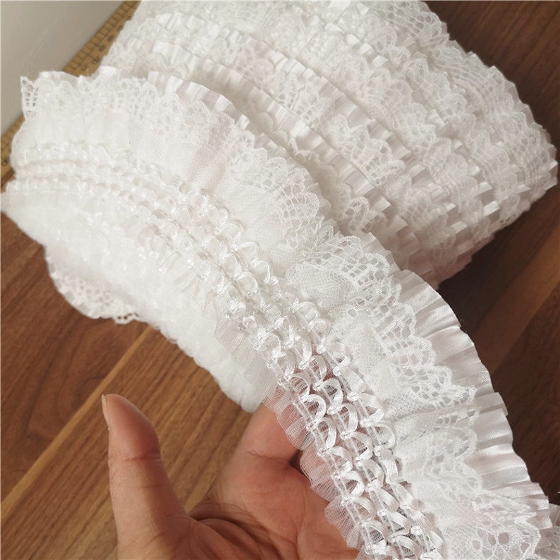 White Ruffled Pleated Lace Trim Fold Satin and Mesh Trim Lace Etsy