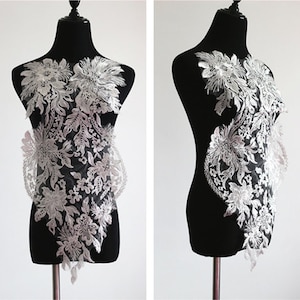 Large Ivory Lace Applique, Vintage Sequins Flower Lace Applique, Venice Embroidery Bodice Applique 66cm * 33cm