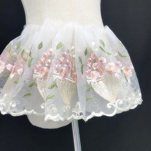 1 Yard Pink, Green Lace Trim Off White Tulle Pink Flower Embroidered Tulle Lace 7.4&quot; Width, Beautiful !