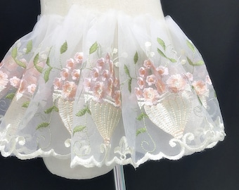 1 Yard Pink, Green Lace Trim Off White Tulle Pink Flower Embroidered Tulle Lace 7.4" Width, Beautiful !