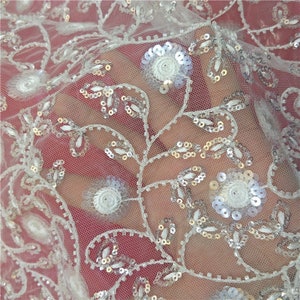 off white heavy beaded sequin lace fabric, leaf and flower embroidered lace fabric for wedding dress, gorgeous bridal lace with beads