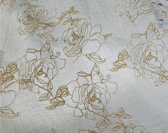 Gold Flower Fabric Off White Grid Tulle Lace For Dress, Gowns, Skirt, Costume, Veils, Jewelry Making 1 Yard