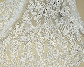 SALE Ivory Alencon Lace Fabric, Corded Lace Fabric, Retro Embroidered Floral Fabric, Bridal Lace, Christening Gown Lace Fabric