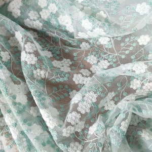 Two-tone Floral Lace Fabric, Embroidery Tulle Fabric, Off White-Green Lace Fabric, DIY Dress Fabric, 51&quot; Width By The Yard