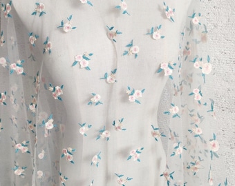 Exquisite pink flower blue leaf embroidery lace fabric white/pink tulle mesh fabric bridal wedding dress fabric 51" width