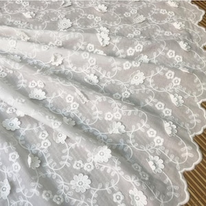 Retro Off White Lace Fabric, 3D Flower Cotton Fabric, Bilateral Scalloped Bridal Fabric By The Yard