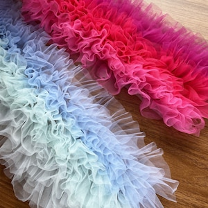 1 yarda de borde de tul denso con volantes en degradado, borde con volantes, borde de malla plisada, tela para vestido de tutú, decoración de bodas, material para manualidades, rosa fuerte, azul