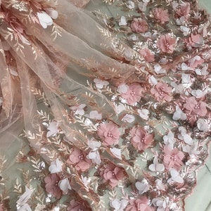 Pink/Off White 3D Chiffon Flower Lace Fabric, Pear Beaded Blossom Fabric, Sequined Embroidered Wedding Fabric 49" Wide 1 Yard