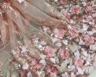 Pink/Off White 3D Chiffon Flower Lace Fabric, Pear Beaded Blossom Fabric, Sequined Embroidered Wedding Fabric 49" Wide 1 Yard