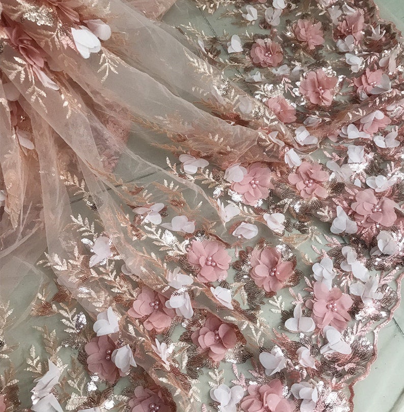 Pear Beaded Blossom Fabric PinkOff White 3D Chiffon Flower Lace Fabric Sequined Embroidered Wedding Fabric 49 Wide 1 Yard