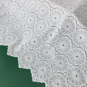 Daisy Floral Embroidery Cotton Fabric, Vintage Eyelet Scalloped Border Cotton Lace Fabric for Curtains, Dress, Blouse