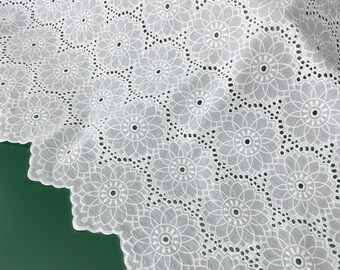 Daisy Floral Embroidery Cotton Fabric, Vintage Eyelet Scalloped Border Cotton Lace Fabric for Curtains, Dress, Blouse