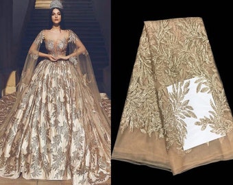 5 Yards African Lace Fabric, Gorgeous Sequins Leaf Tulle Mesh Lace Fabric, Gold Lace Fabric, French Net Lace Fabric