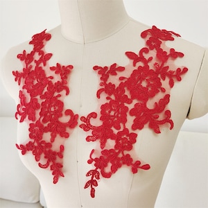 One Pair Red Applique Alencon Embroidered Corded Lace Applique for Bridal, Gowns, Sewing