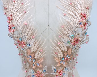 10 Colors Sew On Pearl Beaded Lace Applique With Rhinestone For Haute Couture, Costume, Evening Dress