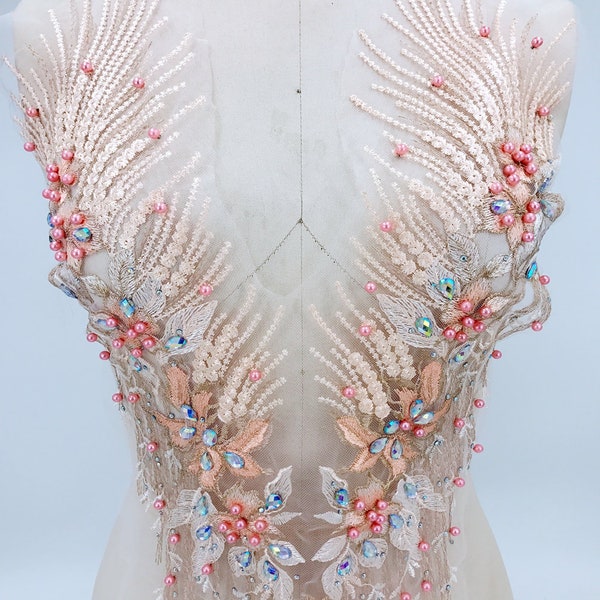 Applique de dentelle perlée à coudre 10 couleurs avec strass pour haute couture, costume, robe de soirée