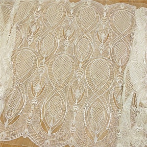 Geometric Heavy Beaded Fabric, Ivory Sequins Lace Fabric, Wedding Gown Lace Fabric By Yard 51&quot; Wide