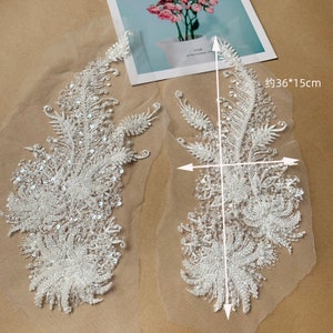 1 Pair Off White Lace Applique With Pear Beaded And Sequins For Hair Headband, Sewing Accessories, Wedding Dress