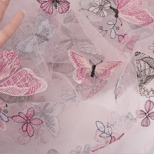 Multi-colored Butterfly Embroidery Tulle Fabric for Wedding Dress, Haute Couture, Bridal Gown, Costumes