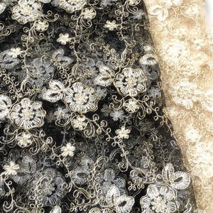 Golden Corded Lace Fabric Retro Gold Embroidery Floral Lace Mesh 49 inches Wide For Wedding Dresses, Gowns, Garments 0.5 Meter