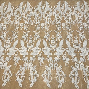 Tissu de dentelle d'oiseaux de grue de 1 mètre brodé sur de la dentelle de tulle blanc cassé 51 de largeur image 5