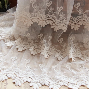 Beige Lace Fabric, Cotton Embroidered Tulle Lace Fabric, Retro Lace Fabric With Floral Pattern