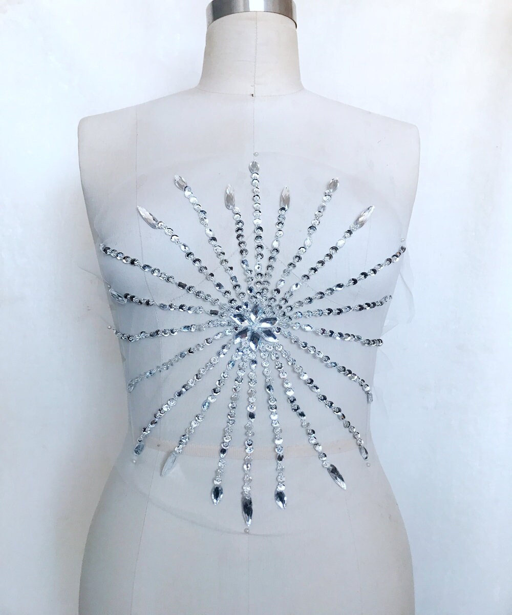 Silver Sun Beaded Applique, Ray Applique on Mesh, Bridal Applique ...