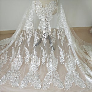 Off White Lace Fabric , Vintage Embroidered Lace Fabric, Sequins Lace Fabric, Wedding Fabric