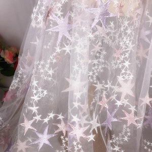 Tela de encaje con estrellas - Tela de estrellas marfil/rosa/morado, tela de tul con estrellas bordadas, tela para vestido de novia, 145 cm de ancho, 1 yarda