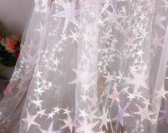 Stars Lace Fabric - Ivory/Pink/Purple Star Fabric, Embroidered Stars Tulle Fabric, Wedding Dress Fabric 57" Width 1 Yard