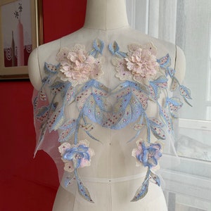 Pink Blue Pastel Lace Applique, Pearl Beaded Lace Applique With 3D Flower, In 5 Colors