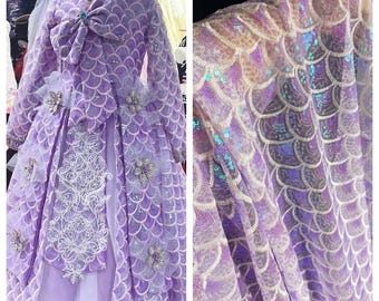 exquisite mermaid sequin embroidery lace fabric gradient scale wave tulle mesh lace fabric for tutu dress, banquet dresses 59" by the yard
