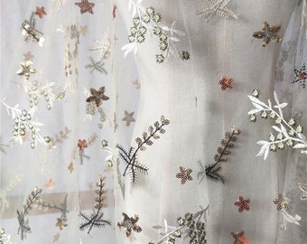 Soft floral embroidery lace fabric gold sequin star tulle fabric for Baby Dress, Wedding Veil, Girl Dress, 1 Yard
