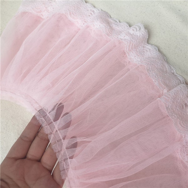 Bordure en dentelle rose à volants, 1 mètre, tissu en tulle à broderie florale de haute qualité, doux et large de 8,6 po.