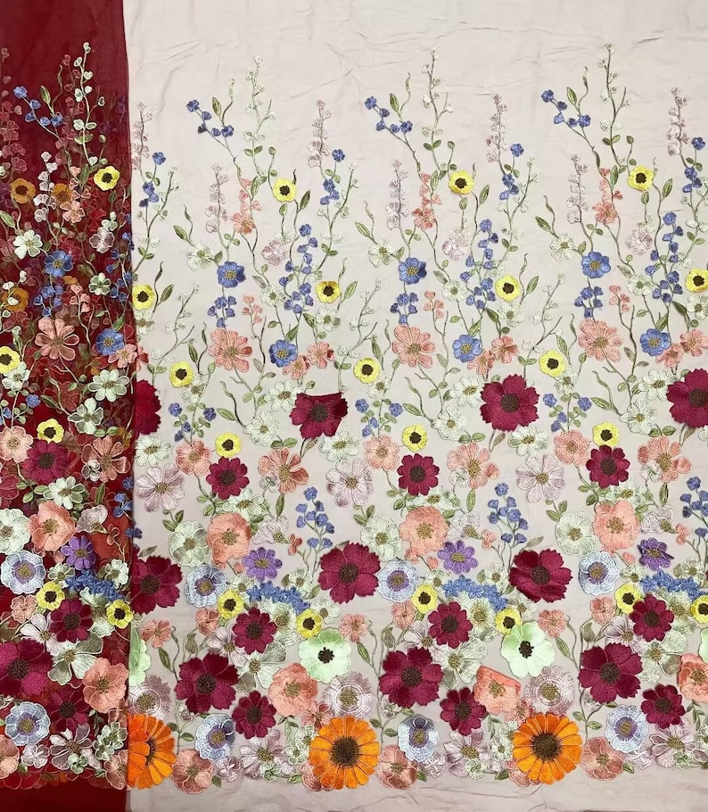 Tissu 3D en dentelle brodée de fleurs, 12 couleurs, tissu floral coloré en tulle pour bébé, robe tutu, robe de banquet, robe de mariée, 51 po. de large image 5