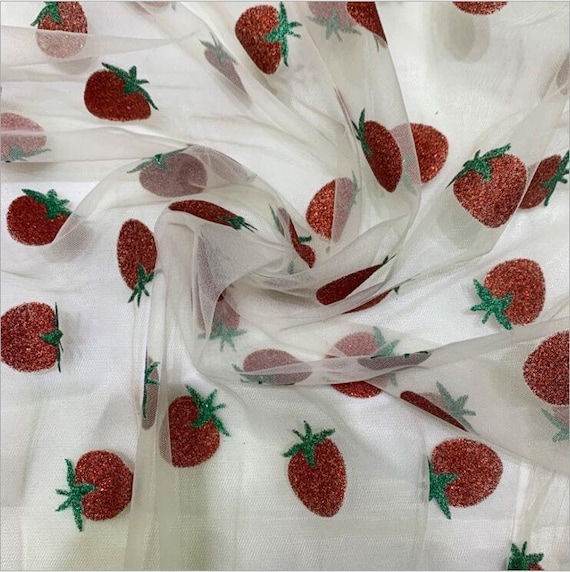 Strawberry Fabric, Strawberry Lace Fabric, Glitter Sequined Strawberry  Tulle Fabric 