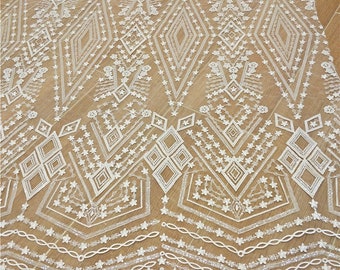 Stars Fabric, Off White Geometric Mesh Lace Fabric, Sequined Stars Tulle Fabric, Wedding Dress Fabric 51" Width 1 Yard