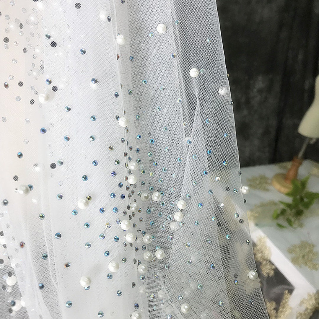 Pearl Beaded Rhinestone Lace Fabric on Soft Transparent Tulle in off ...