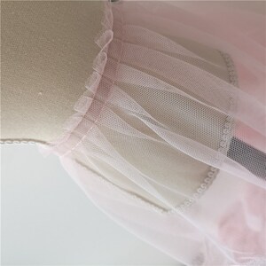 May include: Close-up of a pink tulle fabric with a delicate, ruffled edge. The fabric is sheer and has a soft, flowing texture.