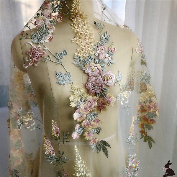 4 Colors Gorgeous Venice Lace Fabric Colorful Floral Embroidered Soft Tulle Fabric Bridal Gowns By The Yard 51" Wide