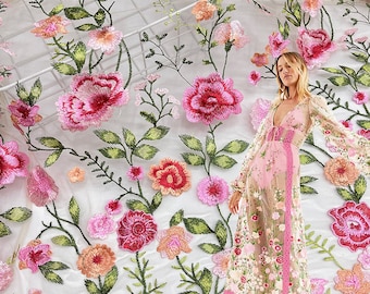 Beautiful Rose Flower Embroidery Tulle Lace Fabric Soft Mesh Gauze Lace Fabric For Evening Gowns, Party Dress, Wedding Dress, 1 Yard