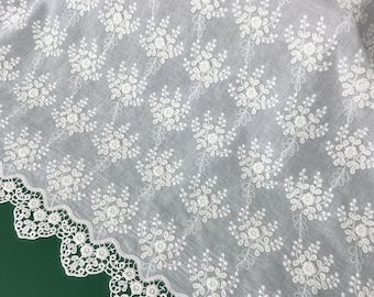 Embroidery Flower Fabric Off White Floral Edges Embroidered Cotton Scalloped Borders- Fabric by 1 Yard