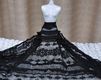 Black stretch elastic lace fabric Hollowed Out Ruffled Lace cake dress fabric by the yard
